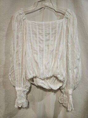 Free People Cream Gauze Square-Neck Blouse with Balloon Sleeves